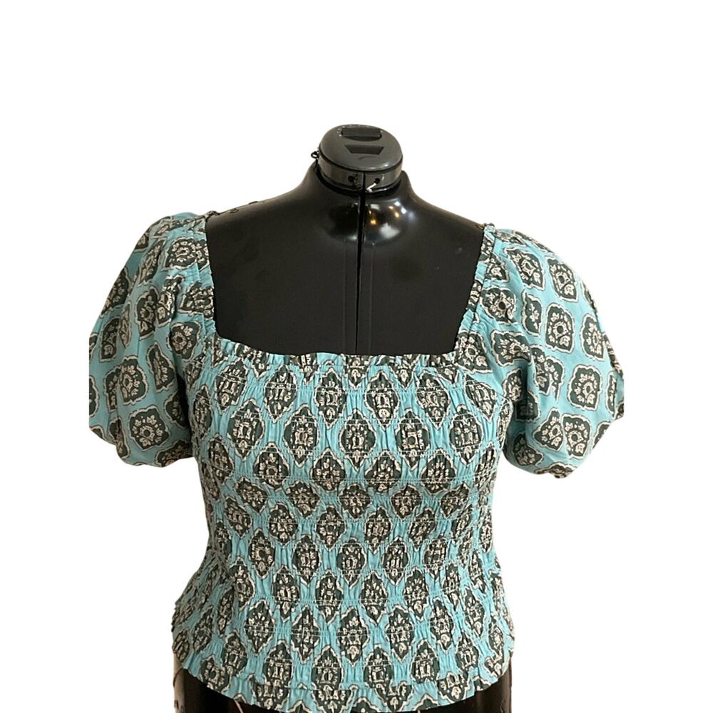 Maurices Smocked Top 4X NWOT Teal Medallion Print Puff Sleeve Peasant Boho